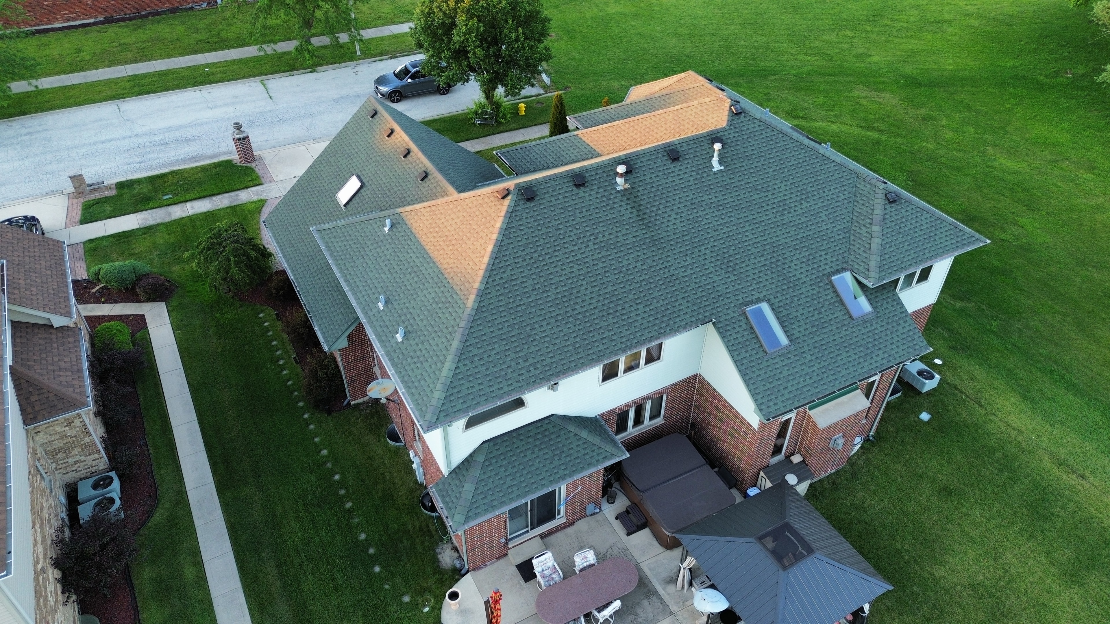Aerial top-down roof inspection view