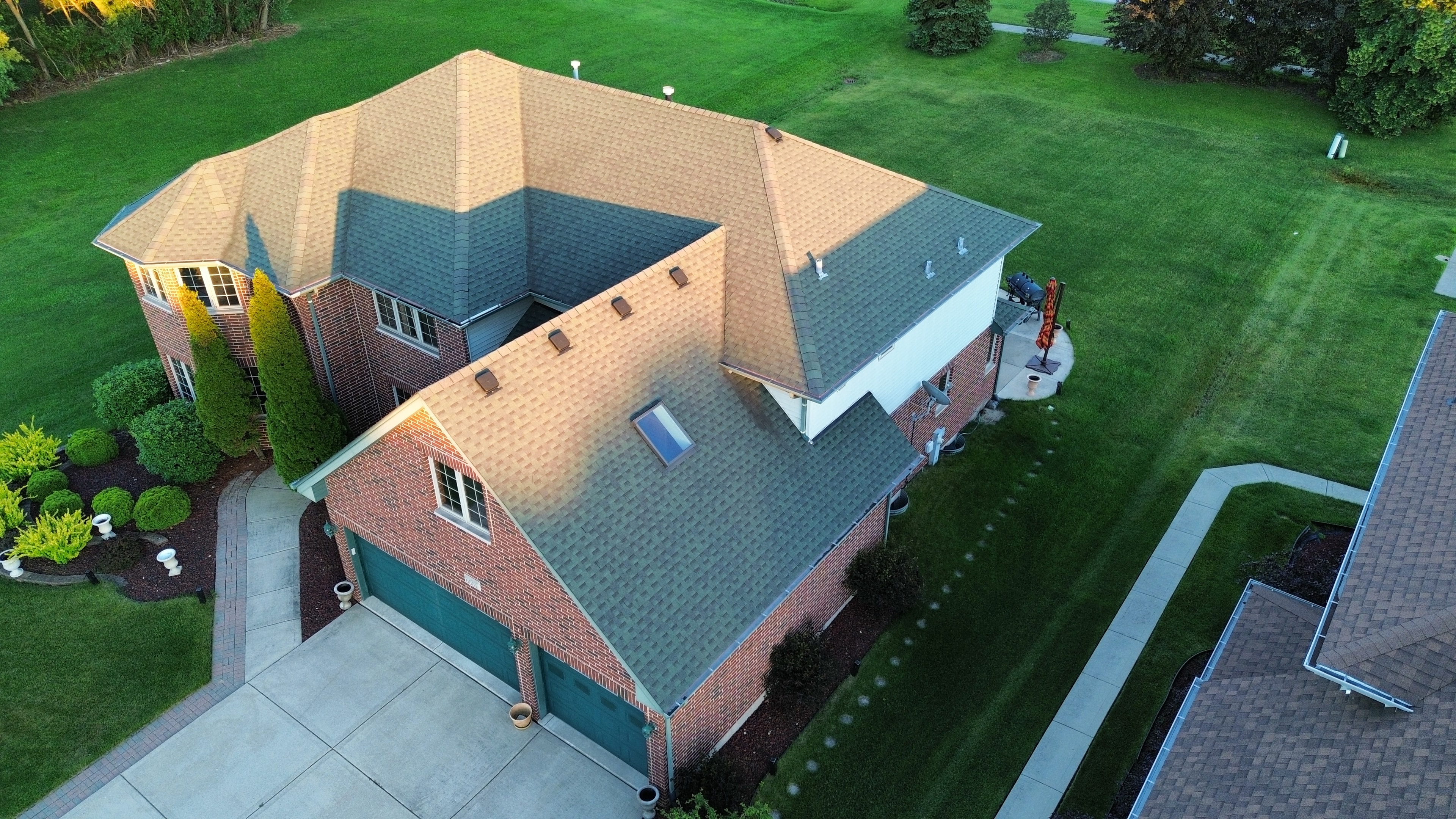 Aerial overhead view brick home and roof